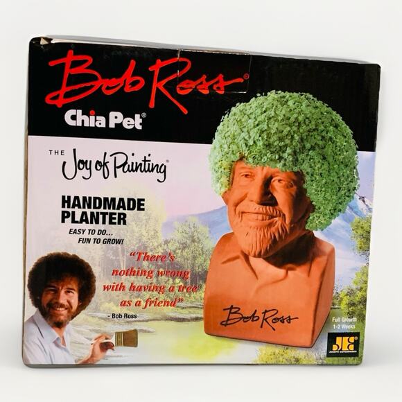 New Bob Ross Chia Pet w/ Iconic Blue Shirt Pottery Planter The Joy Of Painting - Picture 1 of 5